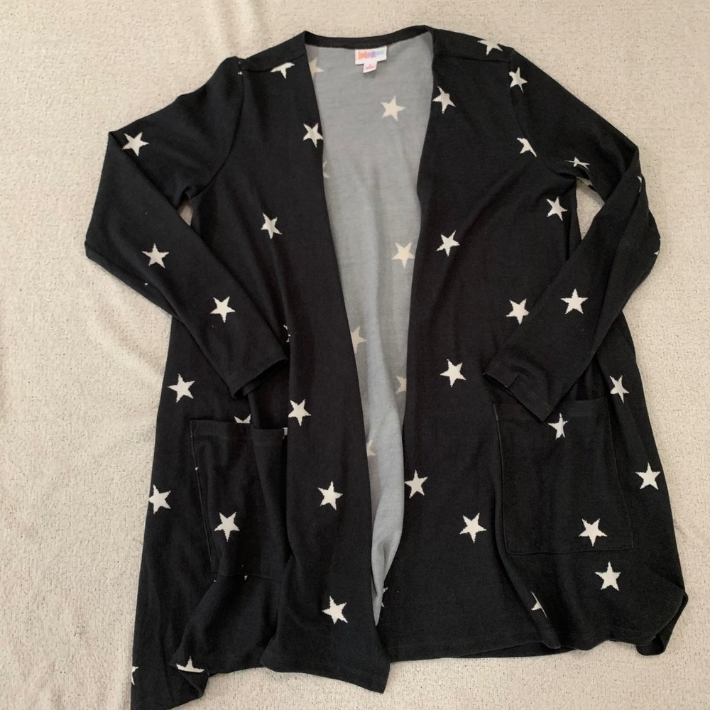 LuLaRoe Duster Cardigan Star Print Open‎ Front Pockets Black Small Caroline